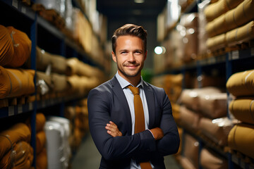 A smiling businessman in a fabric warehouse, posing for a portrait, - obrazy, fototapety, plakaty