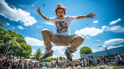 person jumping cheering with a skateboard in the air in front of a blue sky at a sunny day with a...
