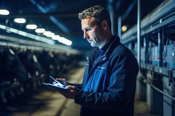 Farmer worker. Cows and calfs in modern farm standing next to each other. Electronic devices in farm.