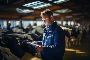 Foto op Canvas Farmer worker. Cows and calfs in modern farm standing next to each other. Electronic devices in farm. © Degimages
