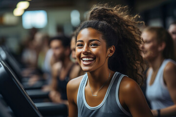 Group women in sports bra top standing next to a row of treadmill in gym. - obrazy, fototapety, plakaty