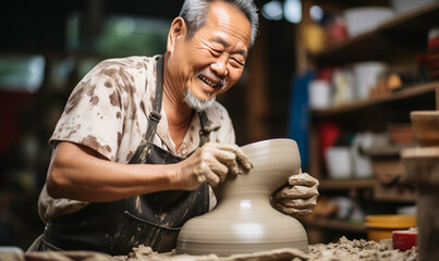 Elderly Asian Man in the Zone: Crafting Pottery in His Studio