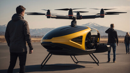 Air taxi of the future and urban air mobility. Unmanned passenger drone. Electric vertical takeoff and landing (eVTOL). Urban Air Mobility concept in action - obrazy, fototapety, plakaty