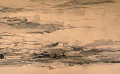 Abstract art. Closeup view of a modern expressive painting with strong black lines and stains,...