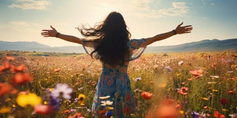 Tuinposter Weide A black haired woman stands in a field of flowers and spreads her arms, rearview, mountains, spring, summer