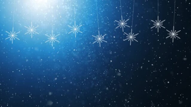 Blue snowy background with snowflakes swing on the strings. Concept Christmas and New Year holiday copy space animation.