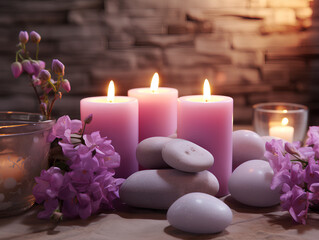 Obraz na płótnie Canvas Massage room, cozy atmosphere, candles, stones for stone therapy - Generative AI