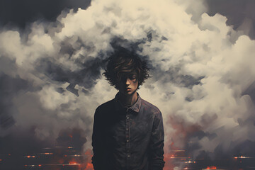 a fictional man with a dark cloud over his head, representing a mental health concept,