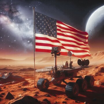 NASA Curiosity Rover on Mars Red Planet Moon USA Flag on Mars Futuristic Space Exploration on planet mars colonization Terraforming concept Mars Mission Spirit, Opportunity, Curiosity, Perseverance 