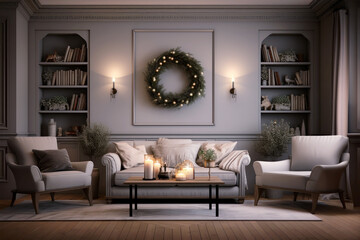 Festive Tranquility. A cozy living room adorned with a lit Christmas wreath and soft candlelight, creating a peaceful and festive retreat