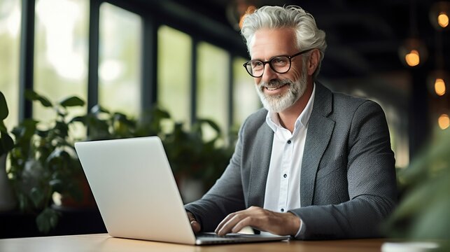 Corporate Engagement: Cheerful Senior Businessman In Virtual Meeting Via Laptop. Generative Ai