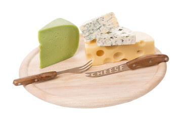 A set of different cheeses on a wooden platter.