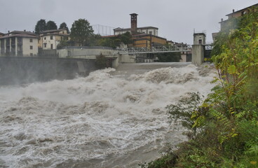 Swollen river Brembo in Ponte San Pietro, Bergamo, Lombardy, Italy