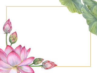 Frame of Indian sacred lotus flower, buds, leaves. Water lily, Indian lotus, green leaf, bud. Horizontal frame. Space for text. Watercolor illustration for greetings, invitation, postcards. © Masha_tolk_art