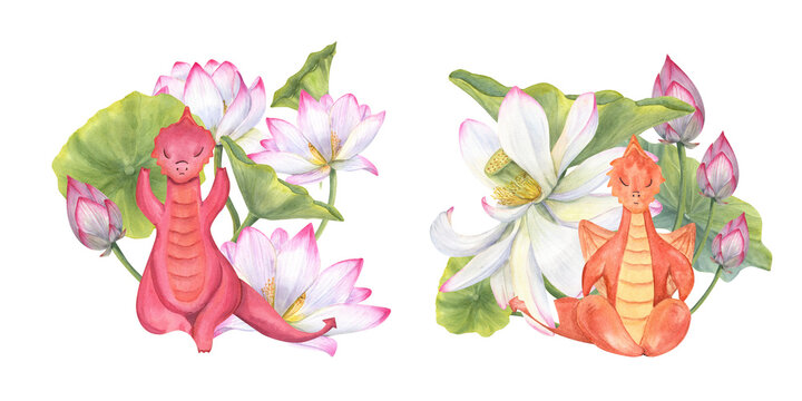 Dragons meditating among blooming water lilies. Animal practicing yoga exercises. Realistic lotus flower, leaves and cartoon dragon. Fitness exercises, yoga. Watercolor illustration