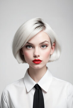 ritratto primo piano high key di volto di giovane donna, labbra con rossetto rosso acceso, sfondo bianco, capelli taglio bob cut