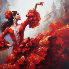 Oil painting artistic image of spanish woman dances passionate flamenco. Generative AI. - obrazy, fototapety, plakaty