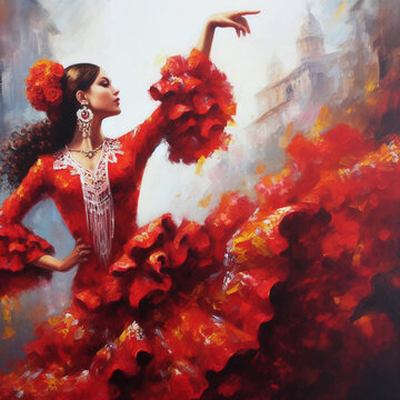 Oil painting artistic image of spanish woman dances passionate flamenco. Generative AI.