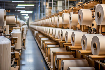 Paper factory with many rolls of paper on a conveyor belt. - obrazy, fototapety, plakaty
