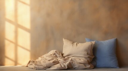 Cozy Comfort: Soft Pillows and Blanket Against a Wall Backdrop. Generative ai