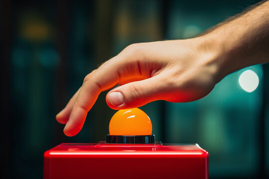 close up hand pressing a red emergency button