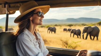 Safari Adventure: Woman and Tourist Vehicle Observing Elephants in the Savanna. Generative ai - obrazy, fototapety, plakaty