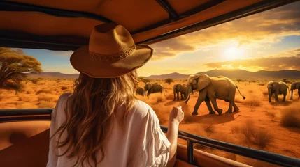 Poster Safari Adventure: Woman and Tourist Vehicle Observing Elephants in the Savanna. Generative ai © Scrudje