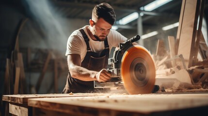 Crafting Precision: Young Carpenter Slicing Wood with Saw Machine at Workshop. Generative ai