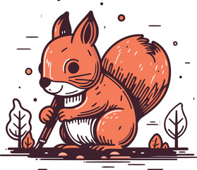 Obraz premium Squirrel in the forest. Hand drawn vector illustration in cartoon style.