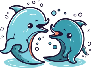Schilderijen op glas Cute cartoon doodle couple of dolphins. Vector illustration. © Ehtisham