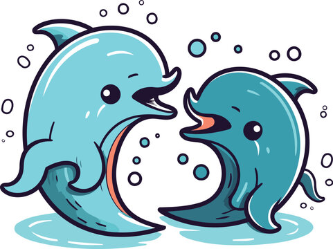 Cute cartoon doodle couple of dolphins. Vector illustration.