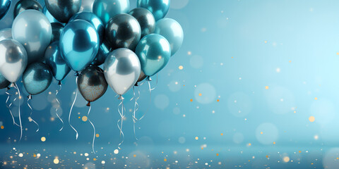 Blue balloons on blue shine background, for boy, Man, present male. Copy space