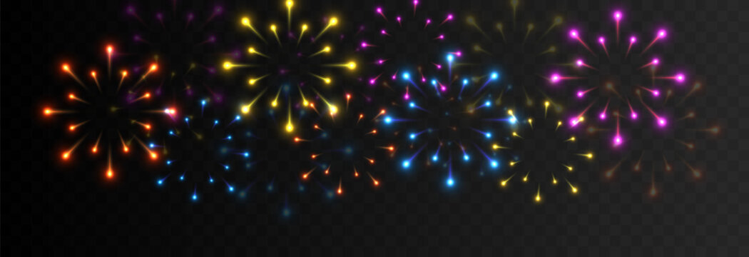 Multicolored fireworks explosions png. Fireworks of different shapes. Pyrotechnics, fireworks. Festive image.