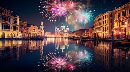 Colourful Fireworks in Venice and Reflection in Water. Festive fireworks over the Canal Grande in Venice - obrazy, fototapety, plakaty