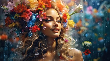 Naklejka premium woman with flowers in her hairs