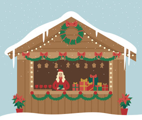 Christmas market pavilion with gift boxes apples and gingerbreads - 673462395