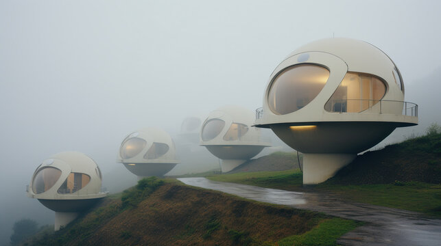 Neighborhood with futuristic houses looking like UFOs, on a misty rainy day. Spherical residential buildings with innovative design.