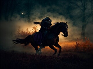 Headless horseman riding a dark horse through a dark forest, AI-generated.