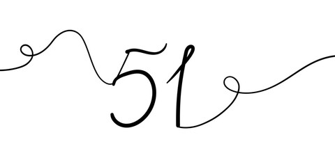 Number 51 line art drawing on white background. Anniversary 51th birthday continuous drawing contour. Minimal vector illustration