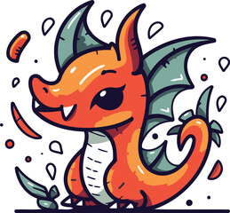 Funny cartoon dragon character. Vector illustration of a cute red dragon.