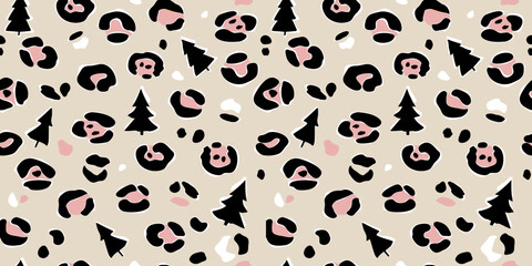 Christmas seamless pattern of leopard spots and Christmas tree. Pink black white Christmas tree and leopard pattern. Print for holiday design © Liubov