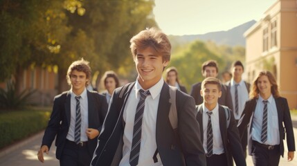 Happu Teenage classmates standing at high school - obrazy, fototapety, plakaty