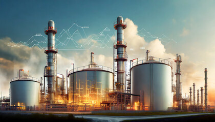 oil and gas power plant refinery with storage tanks facility for oil production or petrochemical factory infrastructure and oil demand price chart concepts as wide banner with copy