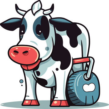 Cartoon cow with a wheelbarrow. Farm animal. Vector illustration