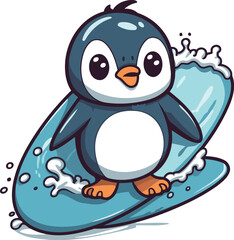 Fototapeta premium Cute penguin surfing on surfboard. Cartoon vector illustration.