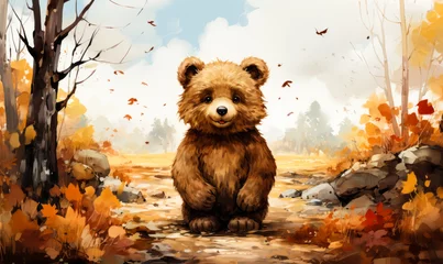 Foto op Aluminium Whimsical Children's Book Illustration of Cute Bear in Autumn Landscape © Bartek