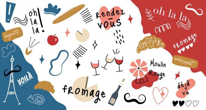 Symboles fran&ccedil;ais, france, style na&iuml;f, stickers, champagne, tour eiffel, baguette, croissant, moulin rouge, fromage.