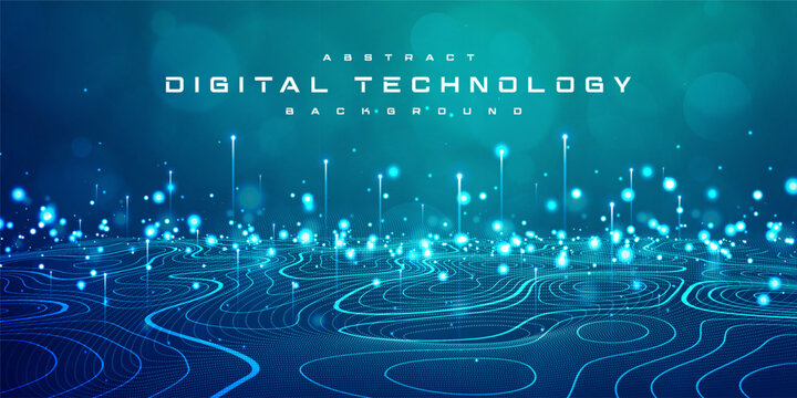 Digital technology speed connect blue green background, cyber nano information, abstract communication, innovation future tech data, internet network connection, Ai big data, line dot illustration 3d