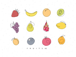 Fruits icons strawberry, banana, apricot, kiwi, grapes, pear, dragon fruit, mango, peach, blueberry, pomegranate, quince drawing with color in linear style on white background