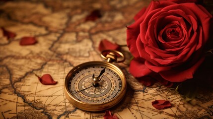 A rose and a compass on an antique map 